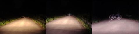 車のヘッドライトを照らした状態で、自転車の無灯火、灯火、反射材有りの見え方の違いを撮影した写真